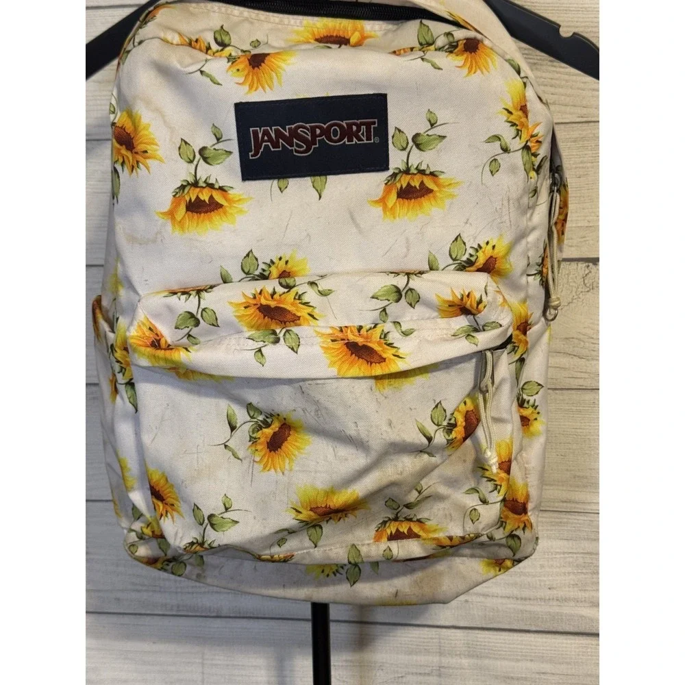JanSport Daisy Floral Print Backpack Cream White with Yellow Daisy 18